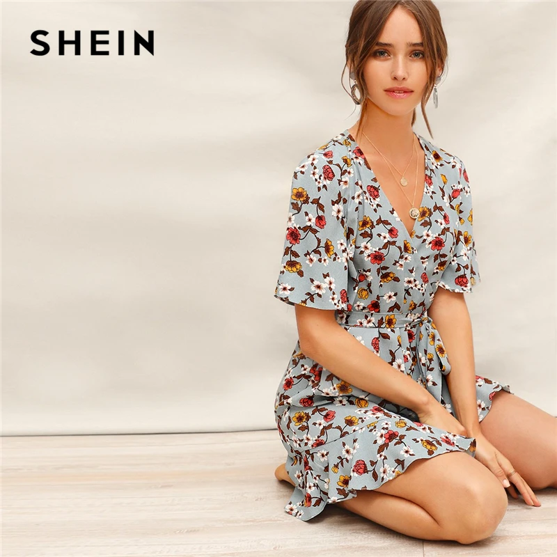 

SHEIN Blue Ruffle Hem Surplice Wrap Floral Belted Summer Short Boho Dress Women V-Neck Flounce Sleeve Straight Casual Dresses