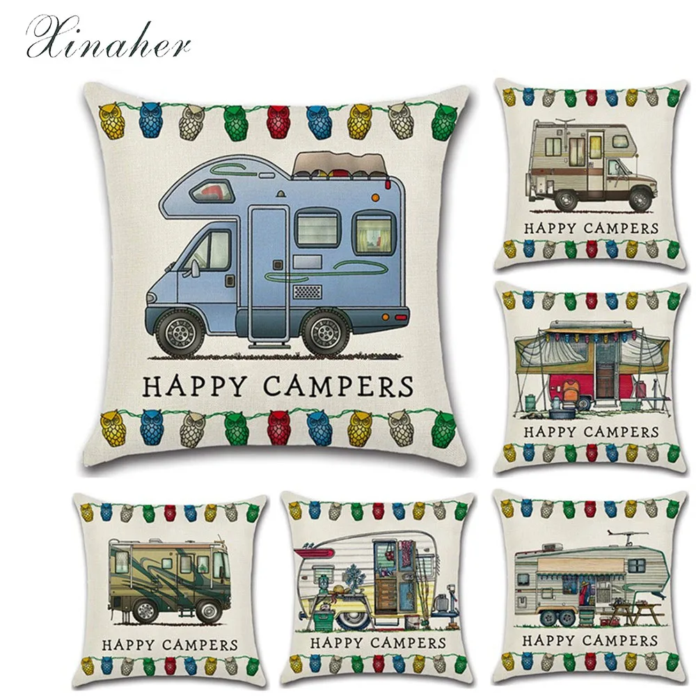 

Cartoon camper van car dining car series happy campers Linen Pillow Case Cushion Cover Throw Pillow Car Home Pillowcase