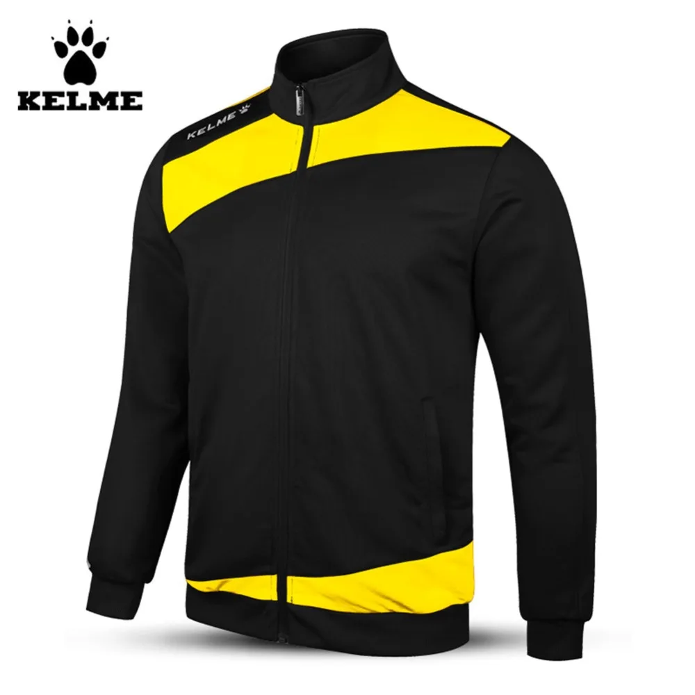 

Kelme Child Full Zip Knitted Long Sleeve Stand Collar Football Training Jacket Black Yellow K15Z315