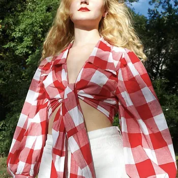 

Fashion Woemn Lace Up Plaid Blouse V-Neck Bow Casual Shirts Streetwear Lantern Sleeve Short Summer Tops