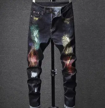 

New Men's Italy Style Hip-hop Pants Oiled Painted Ripped Blue Jeans Slim Fit Scratched Trousers #1631
