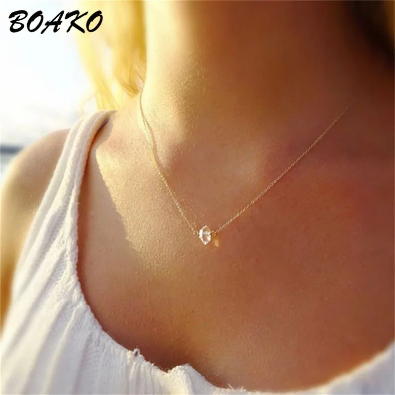 

BOAKO Irregular Natural Stone Quartz Crystal Necklace for Women Jewelry Boho Vintage Short Chain Choker Necklace Collier Femme