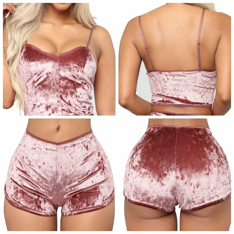 Women's Velvet Crop Top and Panty Set Sleepwear Pajamas for Homewear - JULY'S SONG Sling and Short Sexy Pajama Set image 5