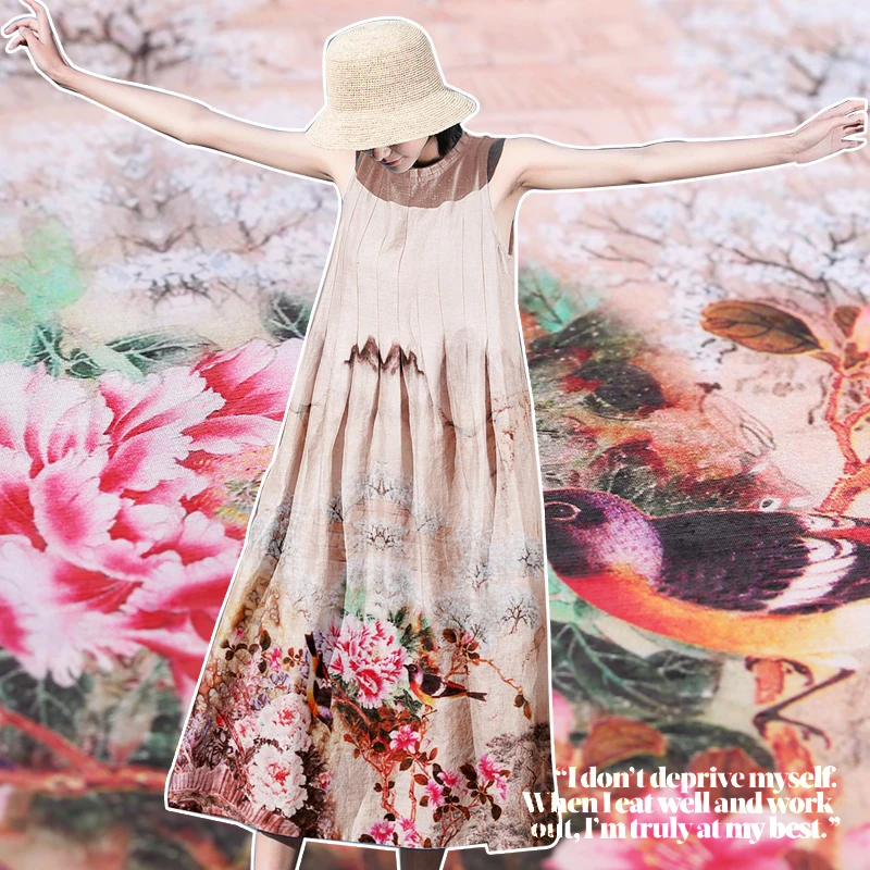 

Colorful Spring Flowers Silk Linen Fabric By The 1.18 Meter Width 55 Inch DIY Dress Material