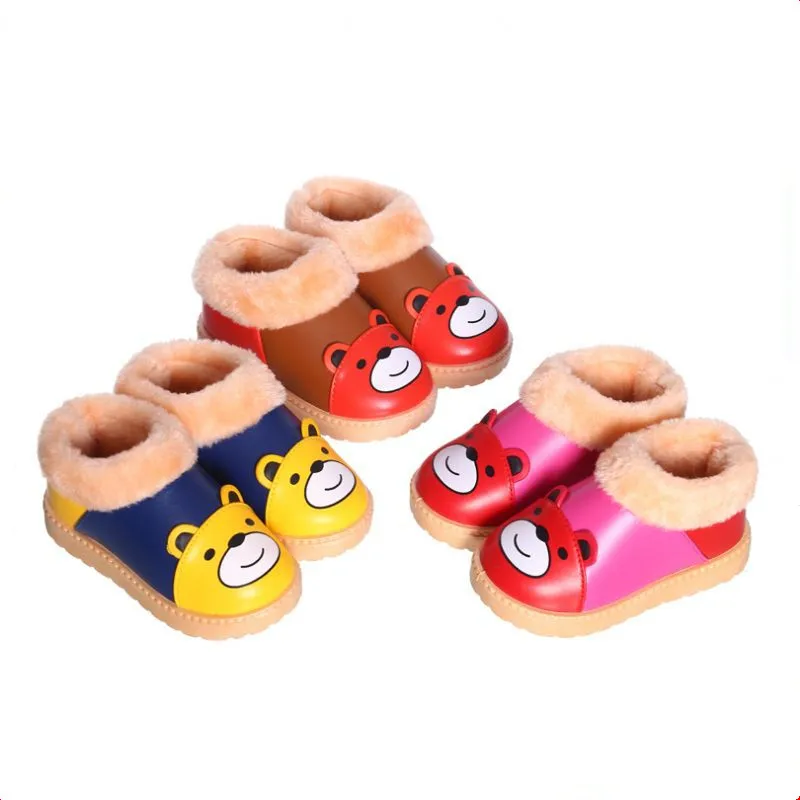 

JGSHOWKITO 2019 Fashion Kids Winter Shoes Boys Girls Cotton Shoes Cartoon Bear Children's House Shoes Soft PU Leather Warm 21-32