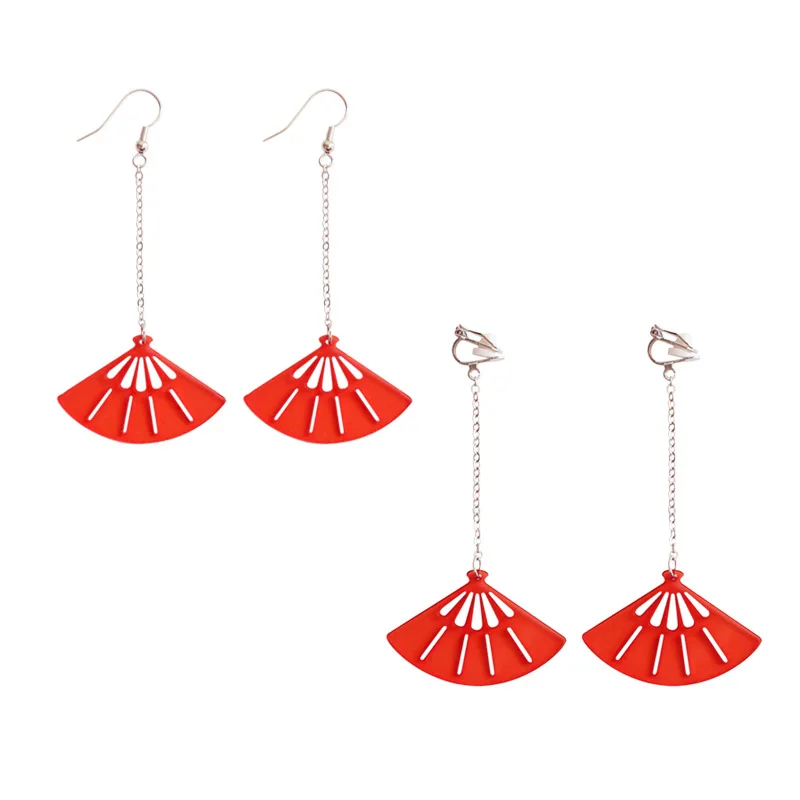 

Daisies The Fan Drop Earrings Hollow Out Red Acrylic Long Earrings Ear Clip Hook Summer Jewelry For Women Chinese Style