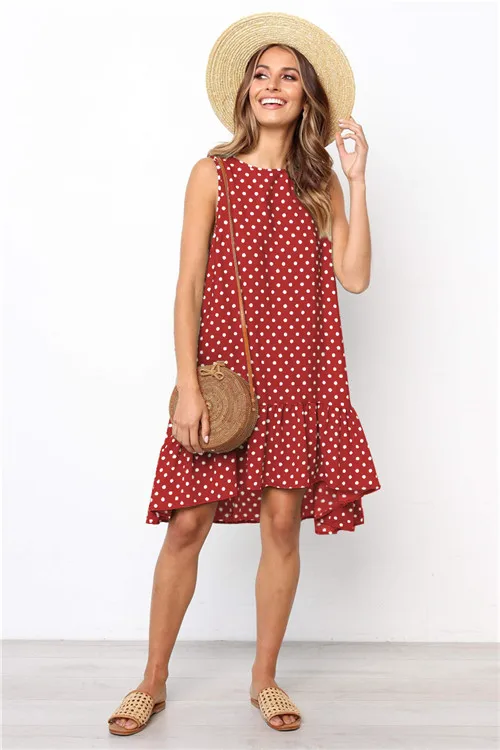 Винтажное женское летнее платье с оборками размера плюс, Свободные повседневные Мини платья без рукавов в синий горошек - Цвет: 101112-Wine Red