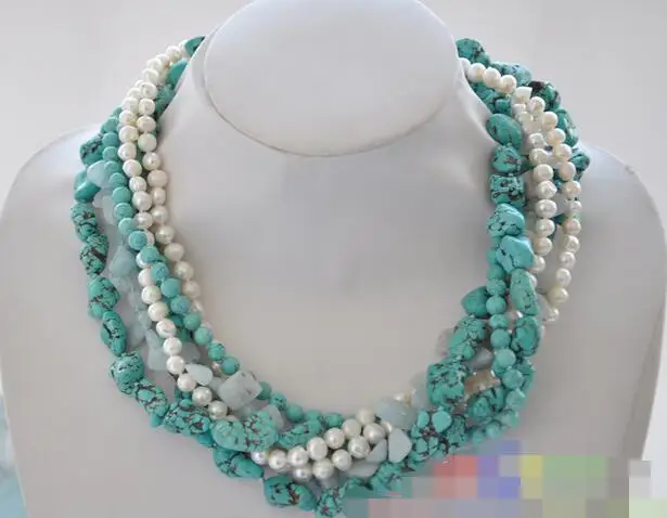 

song voge gem nanJ0880 6row white round pearl turquoise Aquamarine necklace