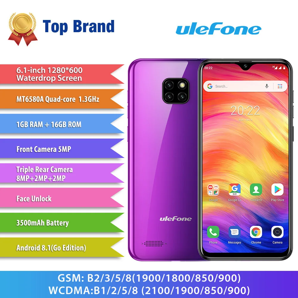  Ulefone Note 7 Smartphone 3500mAh 19:9 Quad Core 6.1inch Waterdrop Screen 16GB ROM Mobile phone WCD