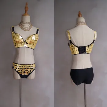 

EC32 Singer stage show wears dj costumes ballroom dance dresses sexy bikini silver mirror cloth bra suit disco performance party