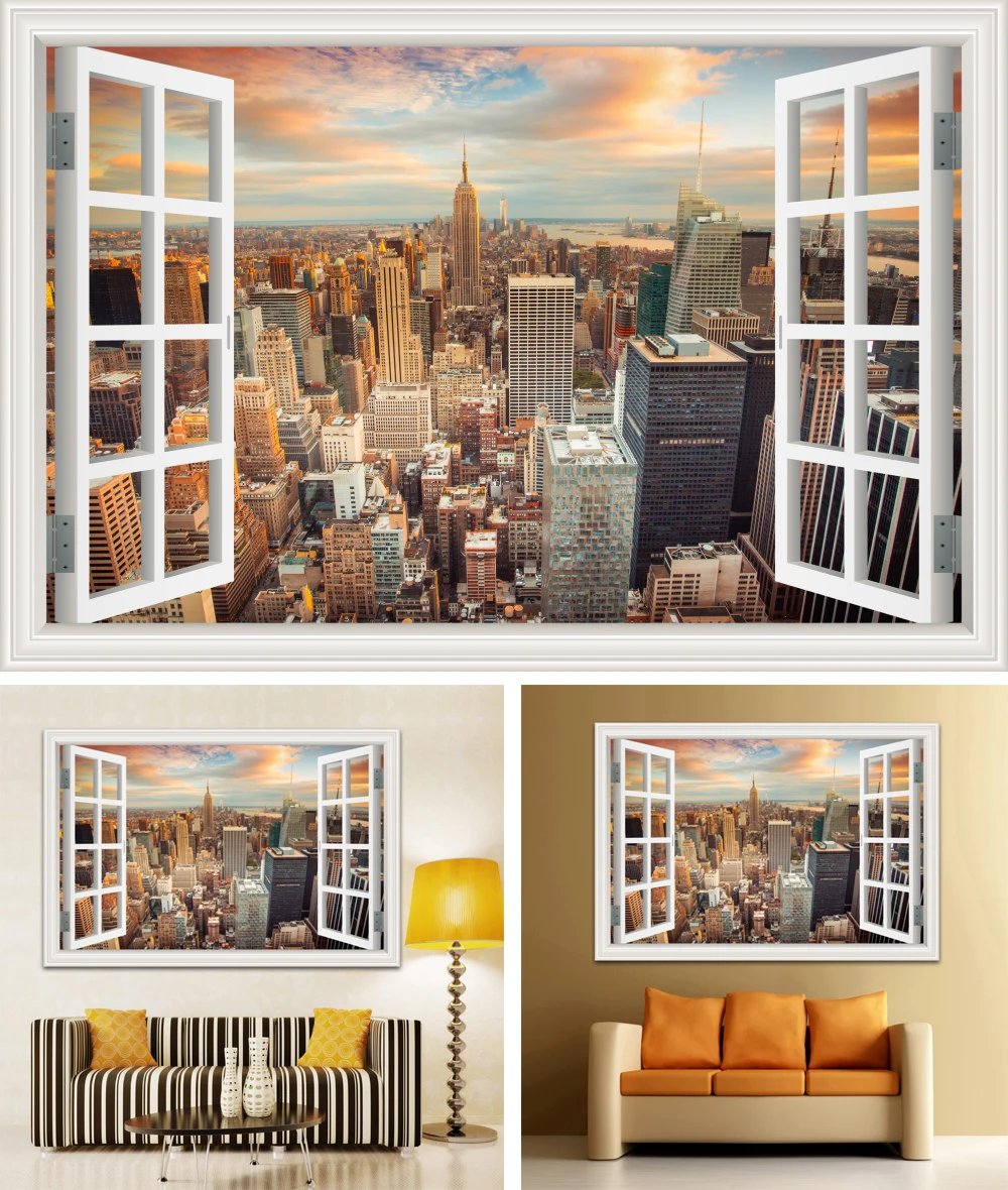 3D Наклейка на стену с видом на окно, закат, пейзаж, наклейка с видом города, виниловые обои, домашний декор для гостиной, кухни, плакат на стену