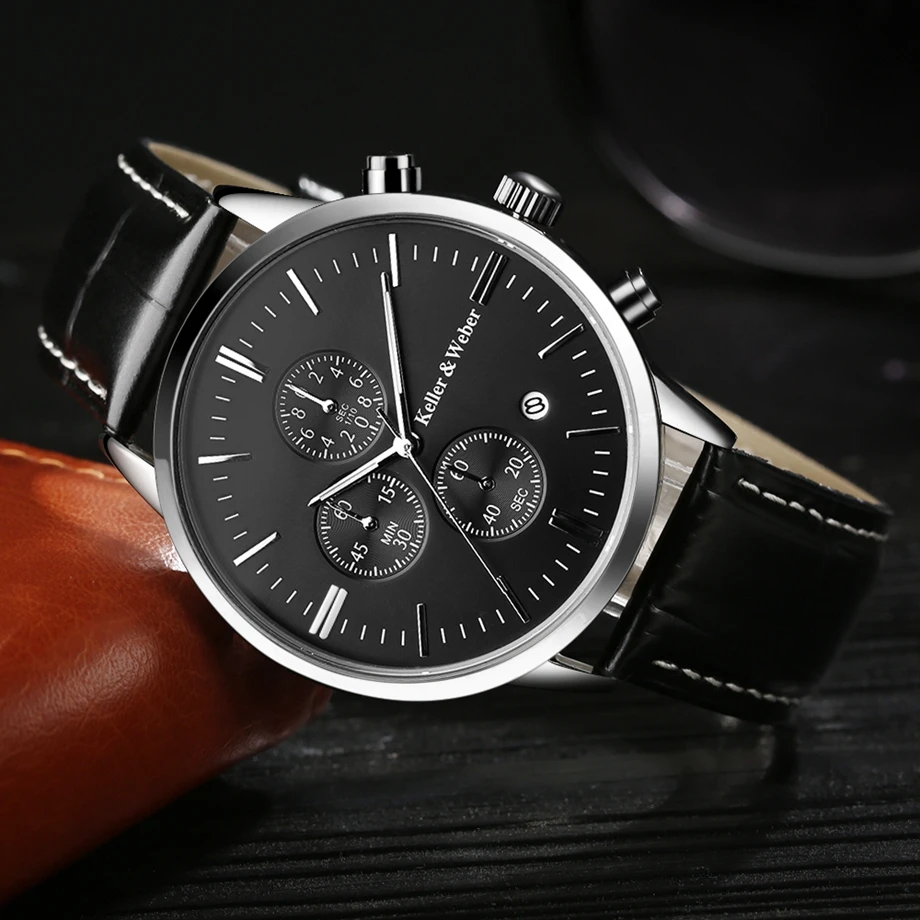 Keller & Weber Mens Watches 30m Waterproof Quartz Business Watches Date Display Genuine Leather Band Relogio Masculino Best Gift (3)