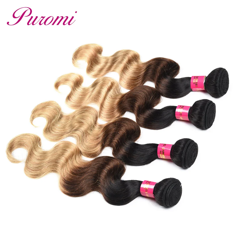 Puromi Body Wave Peruvian Hair Bundles T1b/4/27 Ombre Human Hair Non Remy Three Tone Hair Extension 3pcs Free Shipping
