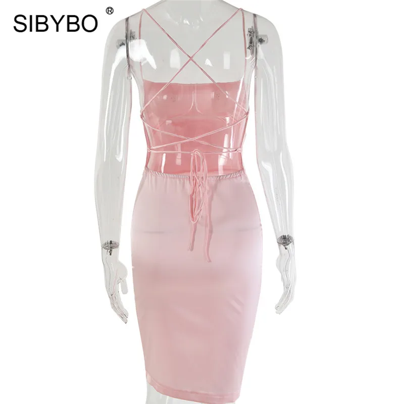 Sibybo, сексуальное облегающее платье на шнуровке с открытой спиной, без рукавов, Бандажное летнее платье-карандаш для женщин, пляжная одежда, женское вечернее платье - Цвет: Розовый