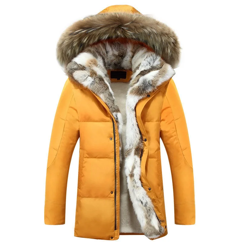 Зимняя мужская куртка, хлопковое пальто, мужская куртка, утолщенная, теплая, кроличий мех, воротник, мех енота, с капюшоном