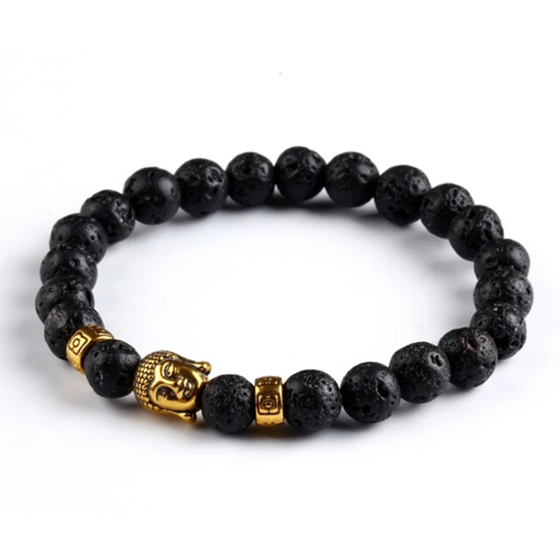 Модные вулканический камень натуральный головы Будды браслет jewelry Золотой Будда