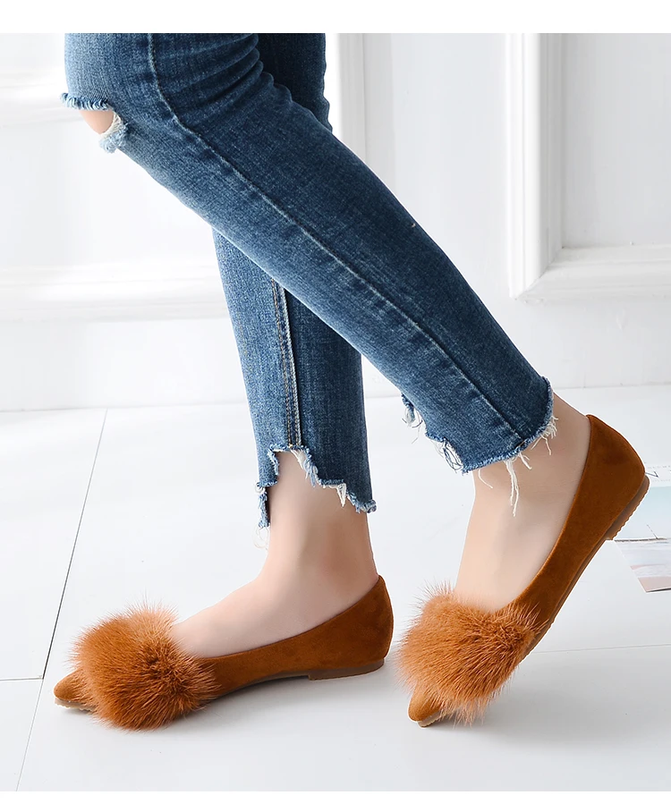 Luxury designer mink hair pointed toe creepers flats shoes high quality flock ballet flats women cozy moccasins big size 34-41