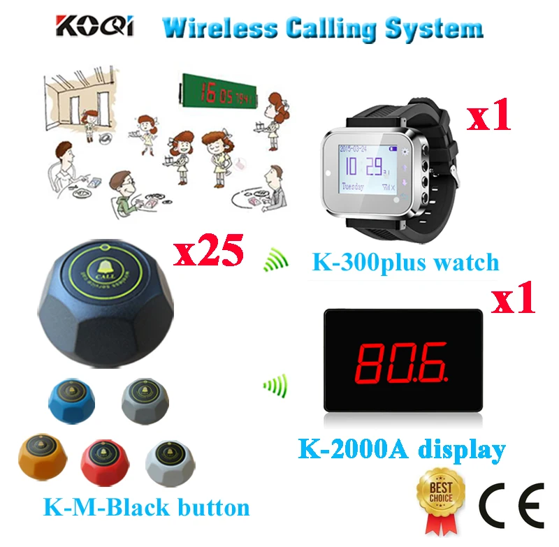 

Wireless Service Waiter Call Button Call Bell System 433.92MHZ Restaurant Pager & Table Buzzer(1 display+1 watch+25 call button)