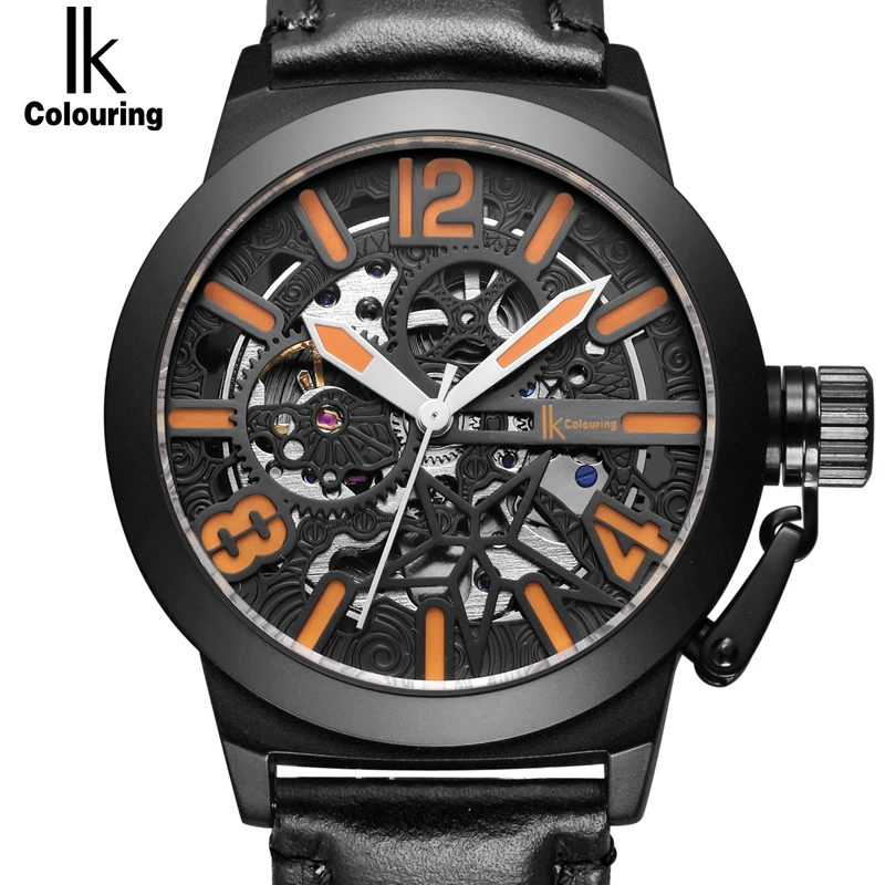 

IK Star Totem Automatic Mechanical Watches Men Brand Luxury Genuine Leather Transparent Hollow Skeleton Watch Relogio Masculino