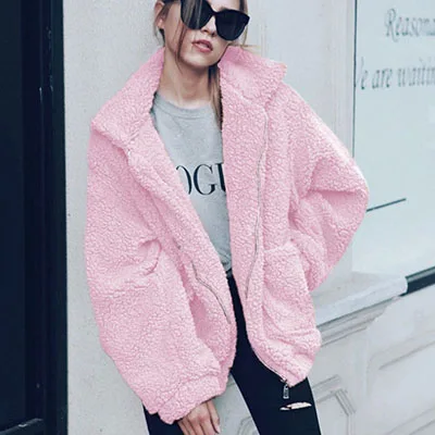 Повседневная Верхняя одежда, Женское пальто из искусственного меха, зимняя теплая мягкая куртка из искусственного меха на молнии с карманом, женское однотонное пальто, Новинка - Цвет: Розовый