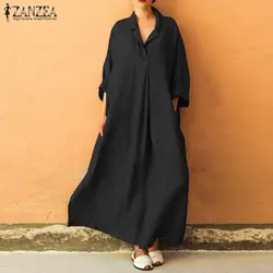 ZANZEA Для женщин Повседневное свободные длинные рубашка 2018 осень, для женщин с длинным рукавом платье Макси хлопок белье пляж вечерние Vestido