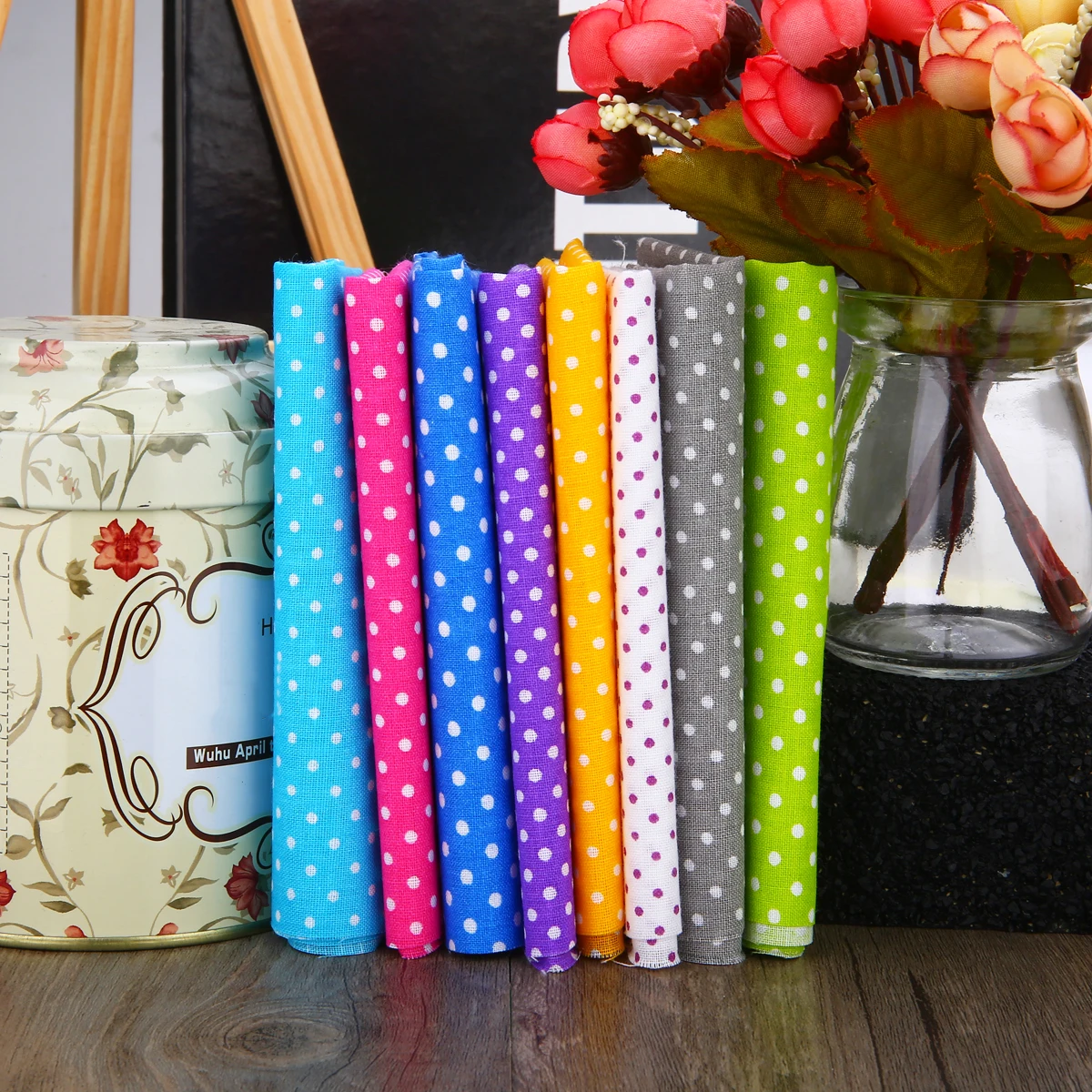 8pcs Multicolor Wave Point Print 100% Cotton Fabric 25X25cm Squares Pre Cut Quilt Fabric Quarters Needlework DIY Sewing Supplies