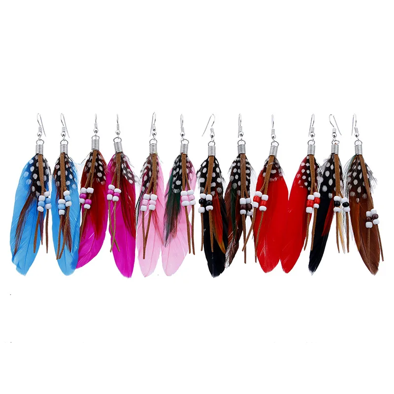 

KEJIALAI new fashion bohemian boho gypsy multiple natural feather with bohemian beads extra long dangle charm earring for women