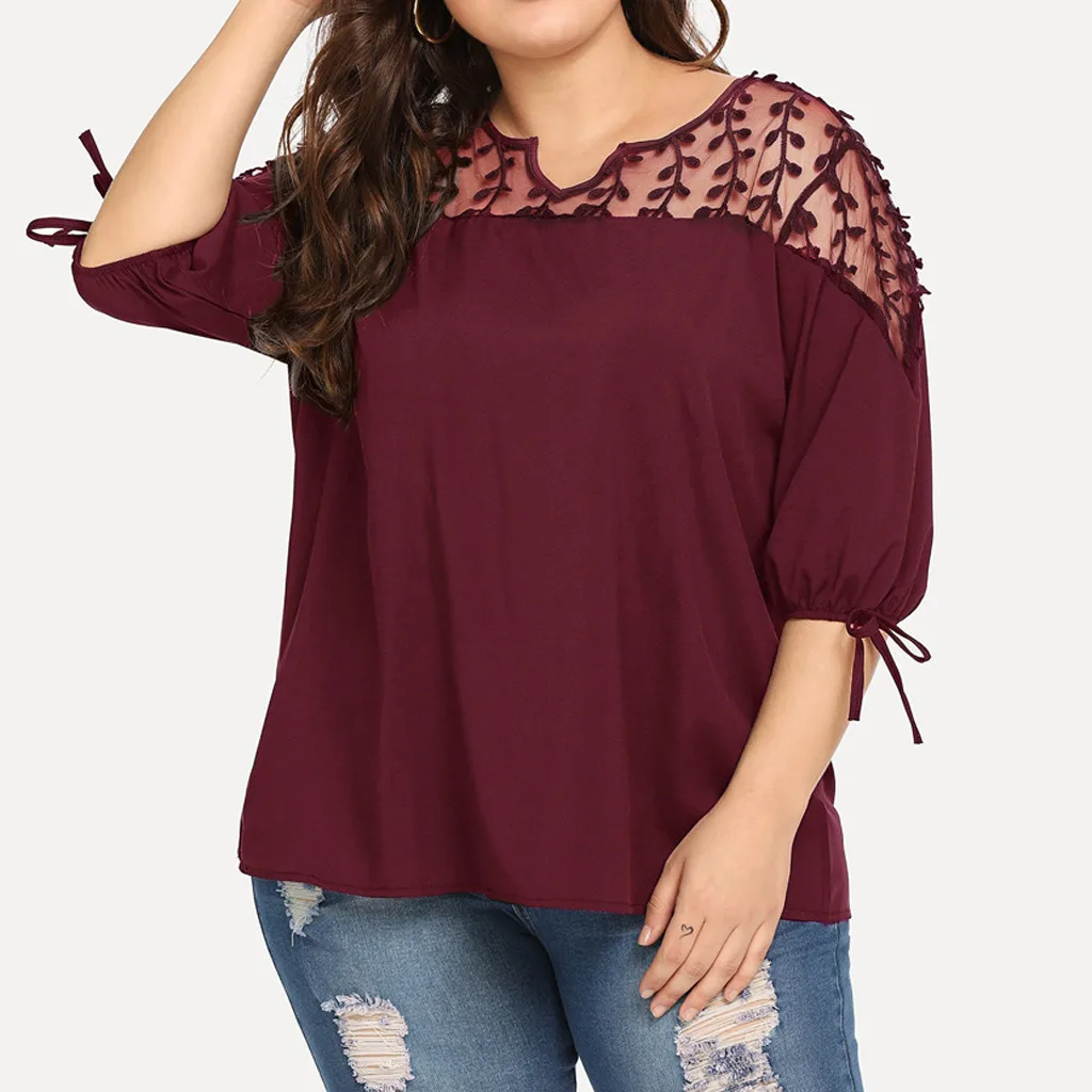 Plus Size Summer Fashion Casual Chiffon Tops Bow Blouse Mesh Tee Top Female Women's Half Sleeve Shirt  