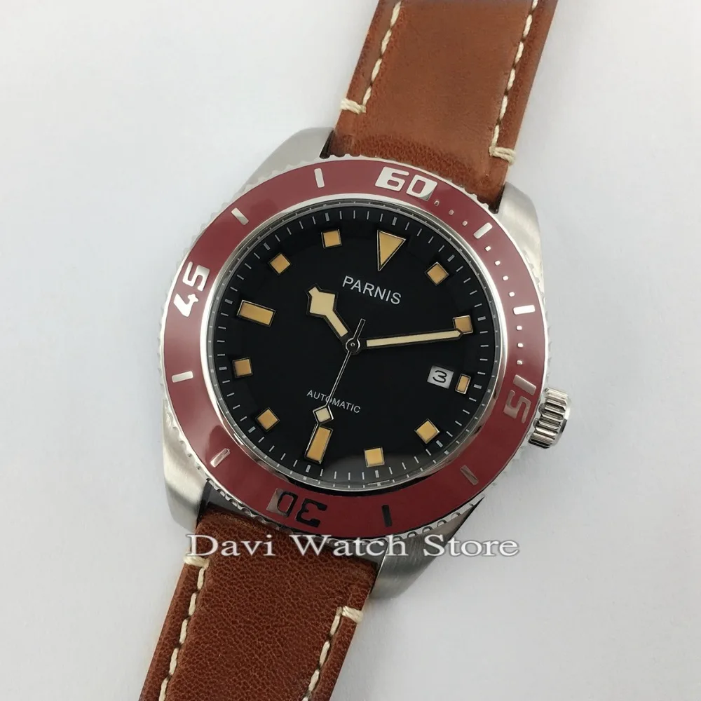 

43mm Parnis Red Bezel Leather Strap Automatic Movement Men's Watch