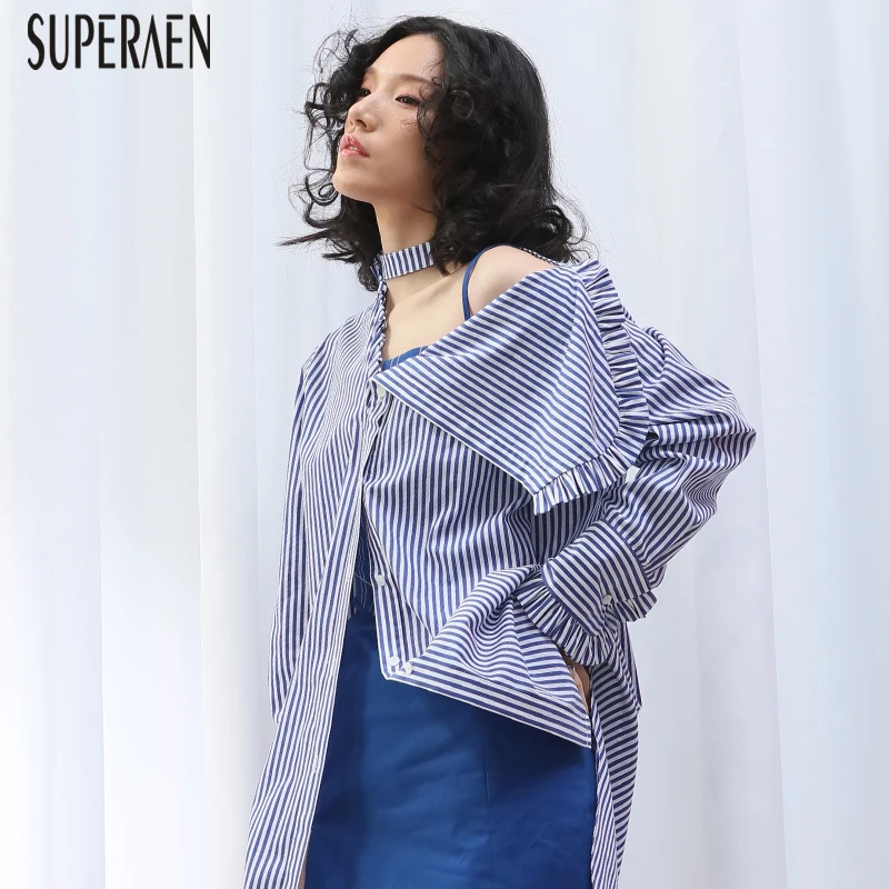 

SuperAen Off Shoulder Women Shirt Cotton Wild Fashion Casual Lace Asymmetric Blouses Female Striped Summer New 2019