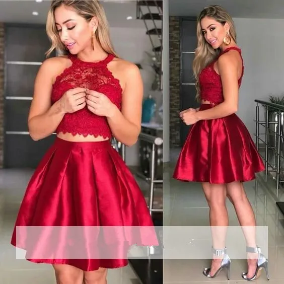 

Red 2019 Elegant Cocktail Dresses A-line Halter Short Mini Satin Lace Two Pieces Party Plus Size Homecoming Dresses