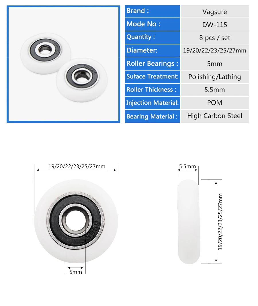 8 шт./лот, диаметр 19 мм/20 мм/22 мм/23 мм/25 мм/27 мм, крепежные детали для ванной комнаты, подшипник, направляющая двери, раздвижная душевая дверь, роликовый шкив
