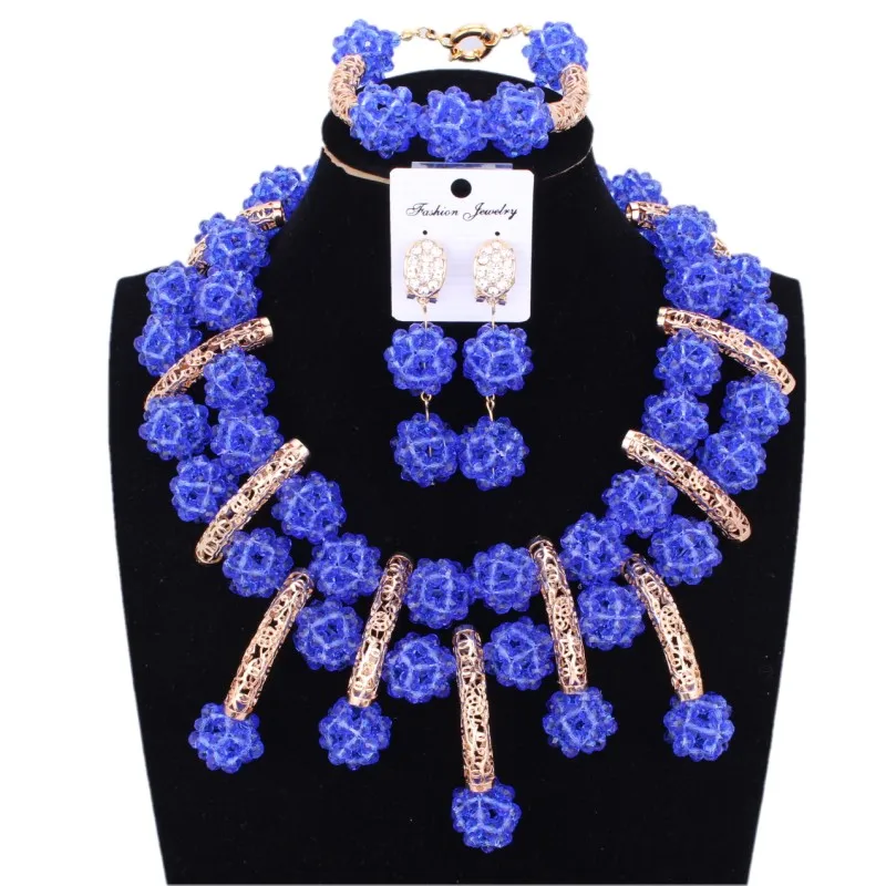

African jewelry Set in Blue and Gold Set of Jewelry Nigerian Wedding Bridal Braid Balls High Quality Dubai Jewellery Set 2018