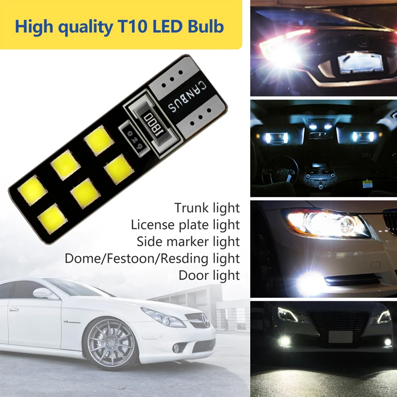 2PCS сигнальной лампы 600LM 12V яркий белый 5000K 2835 SMD T10 12 светодиодных ламп 194 168 W5W