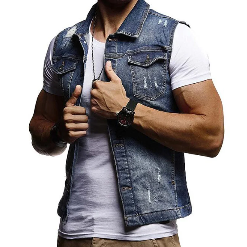 

Men's Denim Vest Male Slim Fit Sleeveless Jackets Men Jeans Waistcoat Hole Washed Cowboy Brand Clothing SHIERXI