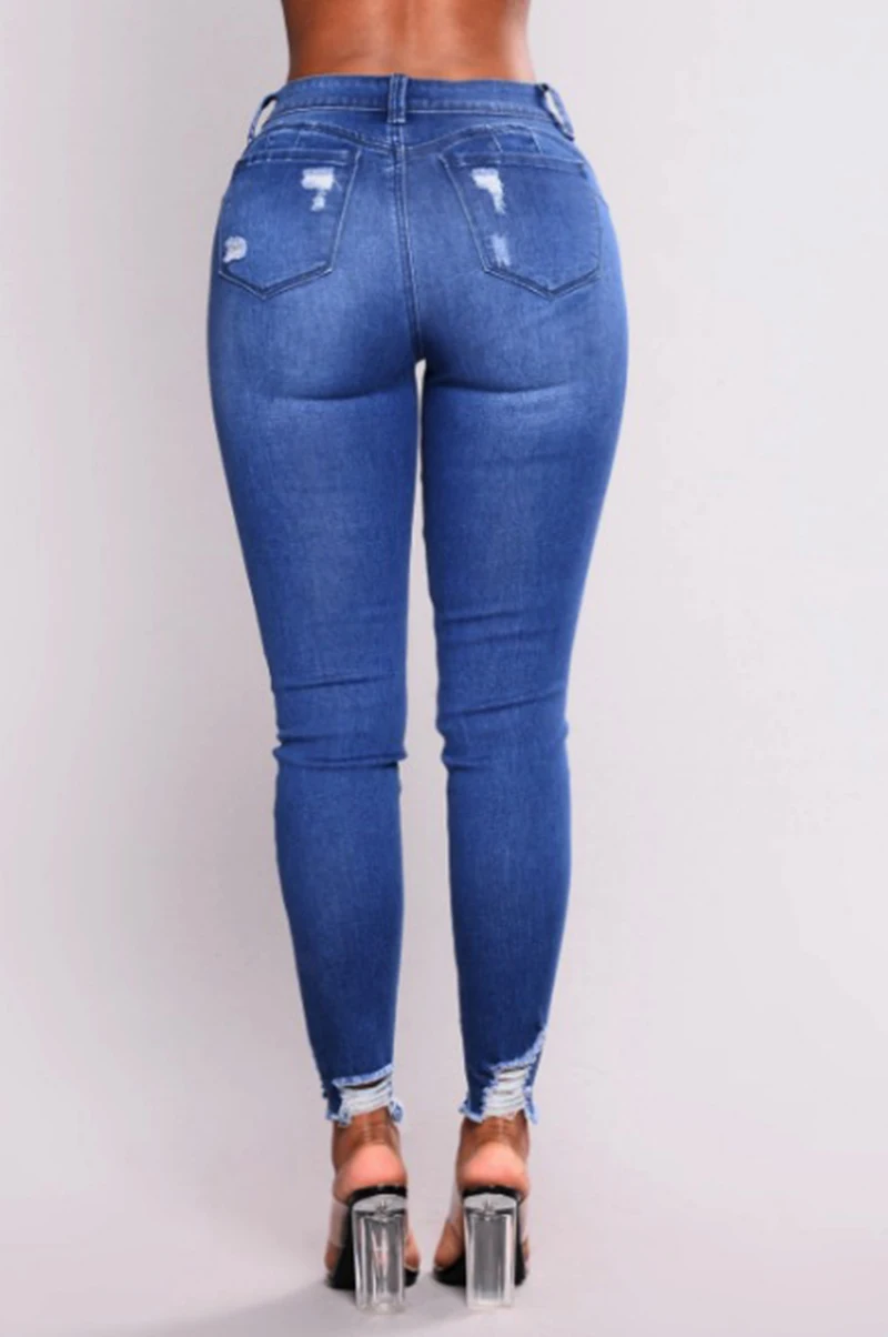 2018 рваные модные Джинсы для женщин Для женщин классический Высокая Талия обтягивающие узкие синие джинсы Брюки для девочек одноцветное