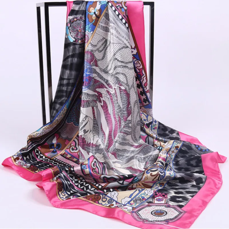 

Multistyles 90*90cm Square Scarf Spring and Autumn Satin Faux Silk Scarves For Women Head Wraps Flower Printed Shawls