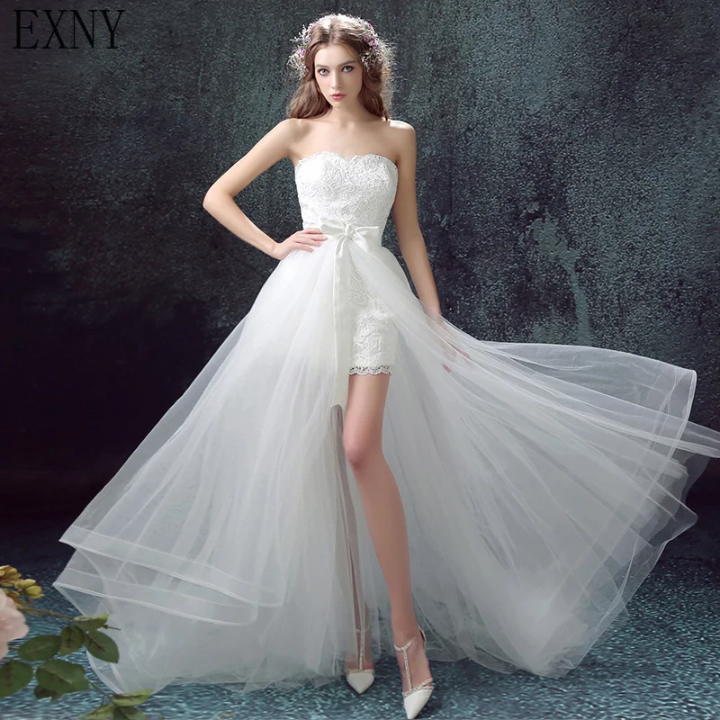 

EXNY Two Pieces Style 2019 White Lace Short Wedding Dress With Detachable Tulle Train Bridal Gown Vestido De Novia