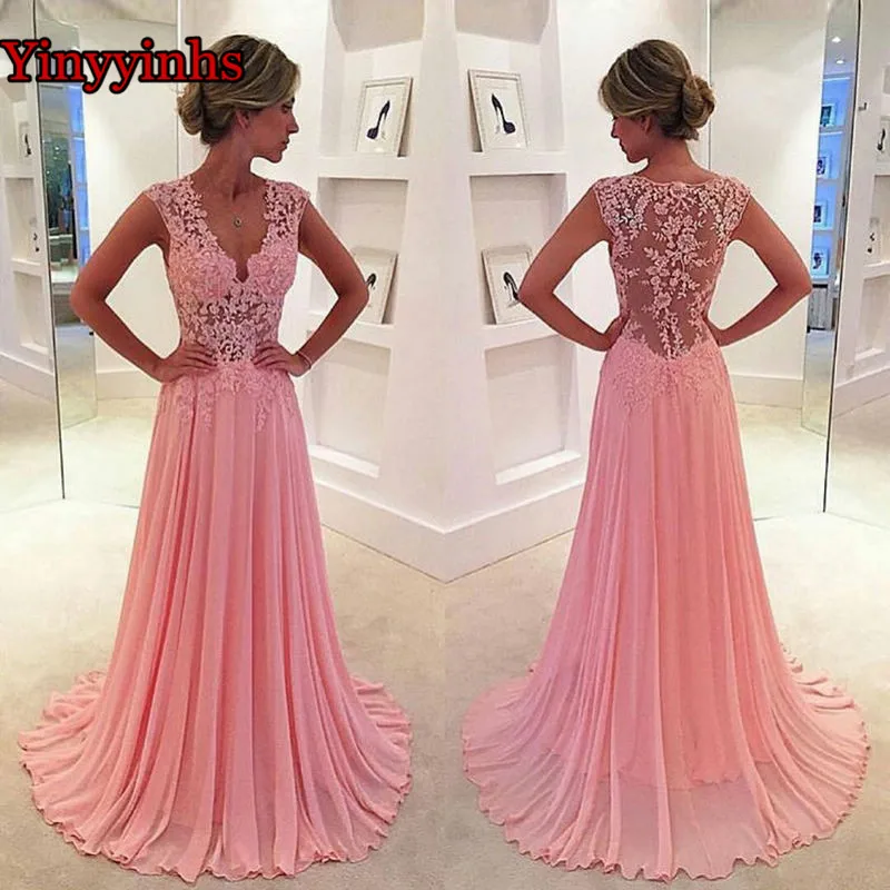 Blush-Bridesmaid-Dress-Cap-Sleeves-V-Neckline-A-Line-Chiffon-Sheer-Pink-Dinner-Dress-2018-Women