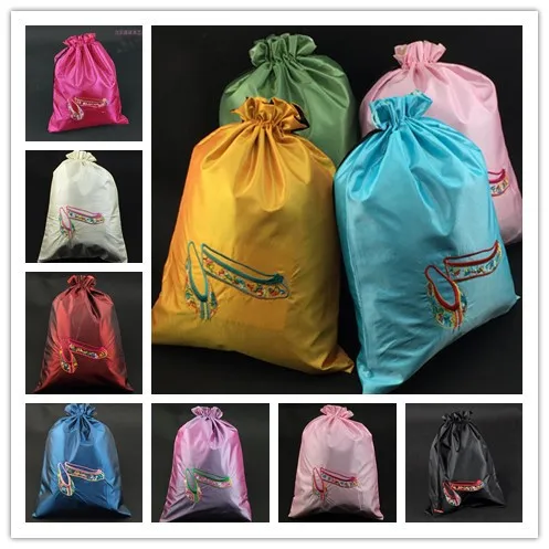 

Fashion Embroidered Portable Dance Shoes Bag Dust Cover Satin Cloth Drawstring Foldable Storage Bag for Women 50pcs/lot