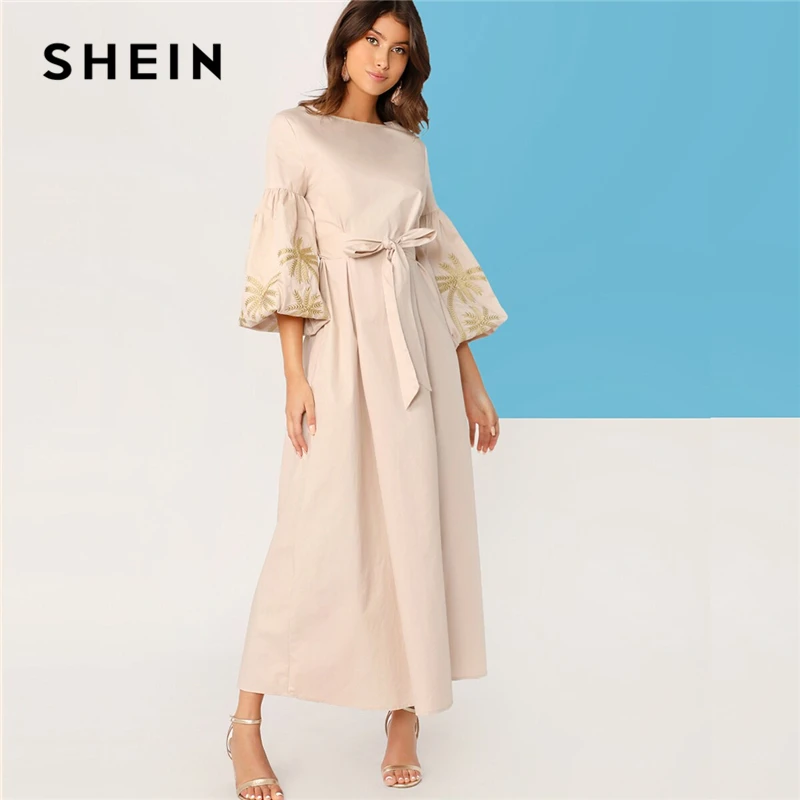 

SHEIN Embroidered Lantern Sleeve Belted Dress Straight Women Dress 2019 Modest Belted Boat Neck Spring Autumn Dresses