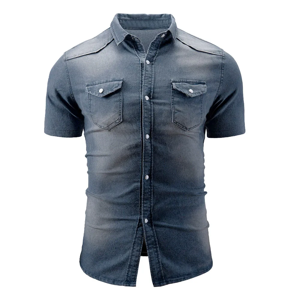 denim shirt men summer Fashion Casual Lapel shirt men short sleeve camisa hombre button up men jeans shirt Pocket d90629