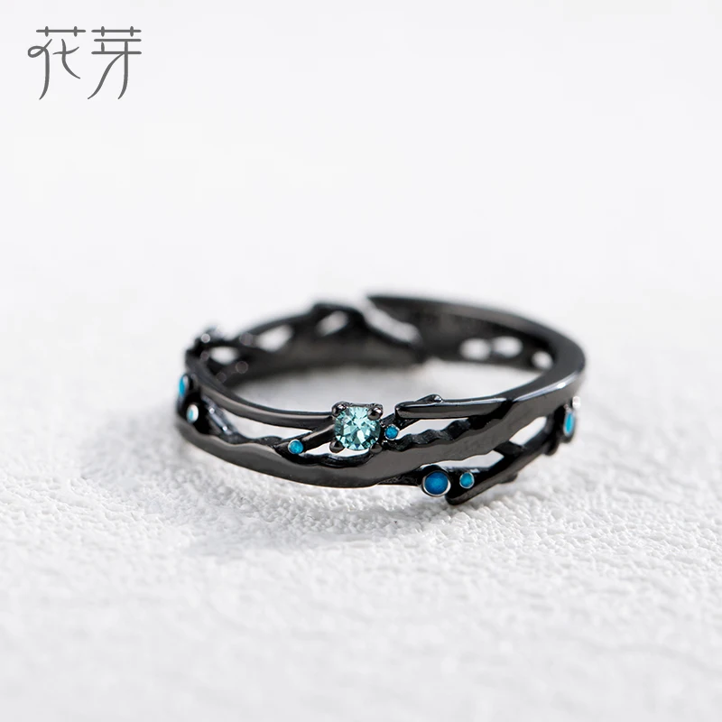 Thaya S925 Silver Cosmic Milky Way Design Black Rings Blue Bright Zircon Beads Rings for Women Lover Vintage Jewelry Gift Fine Jewelry