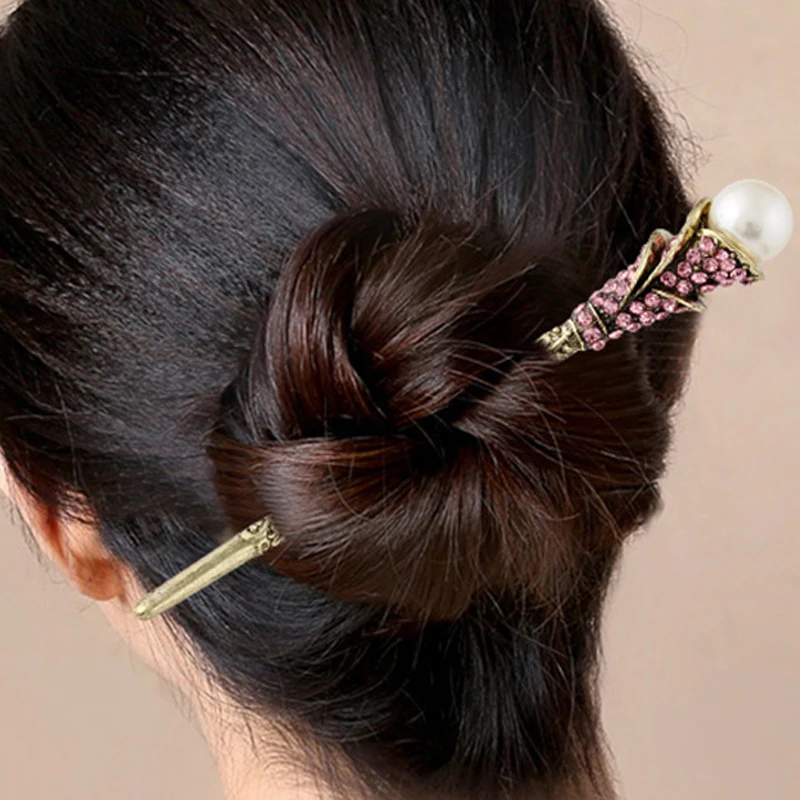 Традиционный розовый кристалл ретро палочка для волос для женщин Свадебные украшения для волос винтажные Стразы китайские палочки для волос свадебные шпильки с жемчугом
