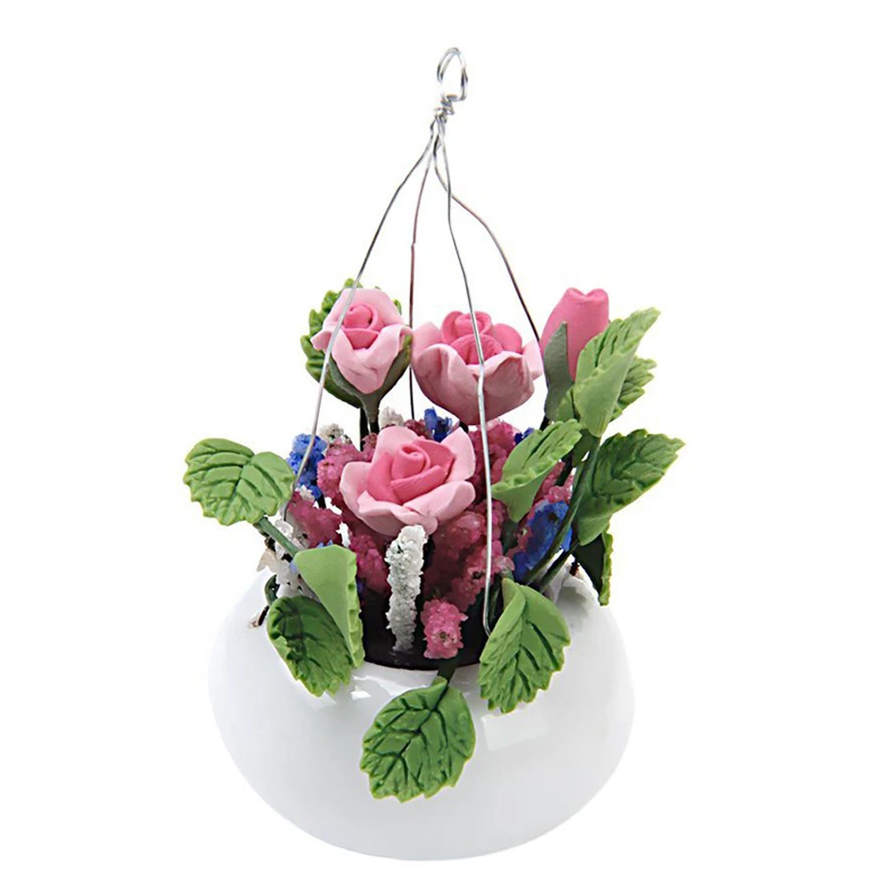 ABWE Лучшая 1:12 кукольный домик домашнее украшение миниатюрный глиняный цветок розы с керамическим подвесным горшком