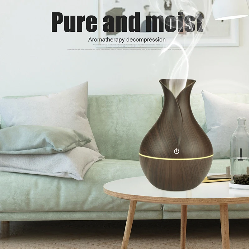 130ml Aroma Essential Oil Diffuser Ultrasonic Air Humidifier mini with Wood Grain 7 Color Changing