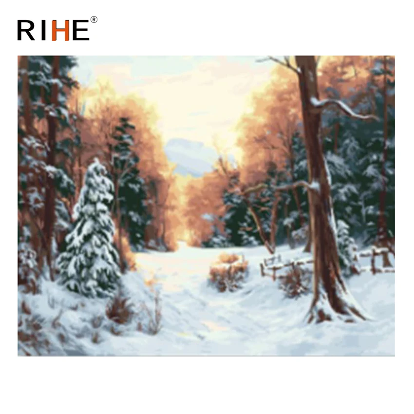 

RIHE Sunrise Forest Diy Painting By Numbers Abstract Snow Tree Oil Painting On Canvas Cuadros Decoracion Acrylic Wall Picture