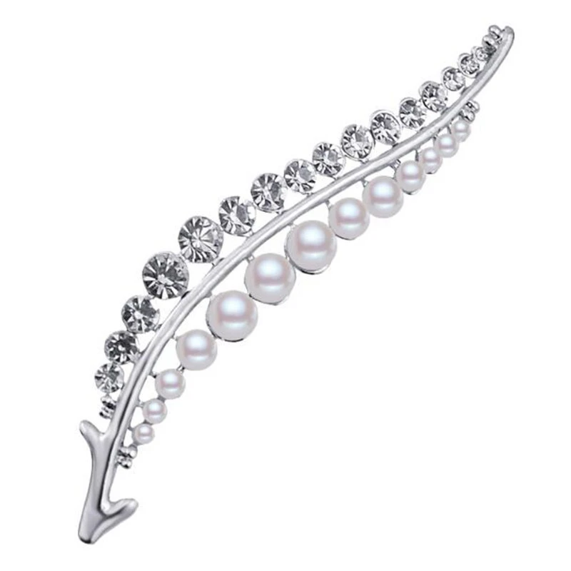 

2018 New Fashion Simulated-Pearl Jewelry Luxurious Silver Color Pin Rhinestone Begonia Leaves Brooches For Women