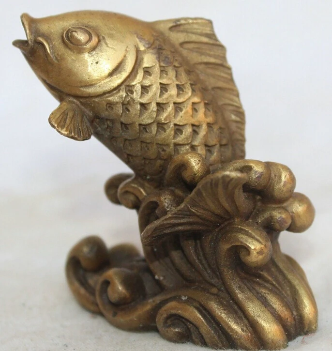 

91@g++China Chinese Folk Fengshui Brass Foo Fu barracuda Animal Statue Fish sculpture