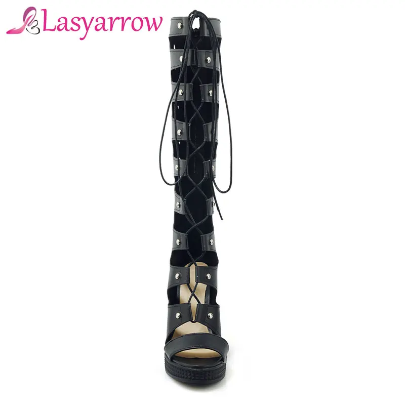 Lasyarrow Sandalias Mujer; коллекция года; Летние босоножки; Zapatos Femme; обувь на толстом высоком каблуке; женские сапоги до колена на шнуровке с открытым носком на молнии; RM563